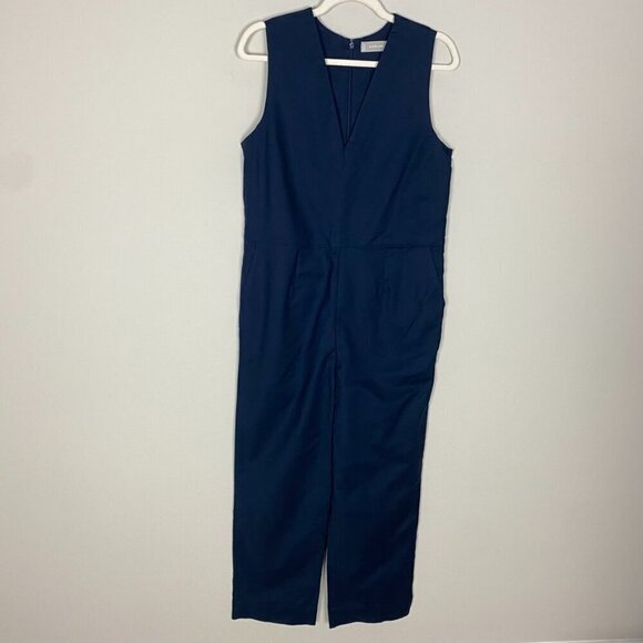 Everlane The Structured Cotton Jumpsuit Blue Sleeveless V Neck Pockets Womens 6 - Picture 2 of 7